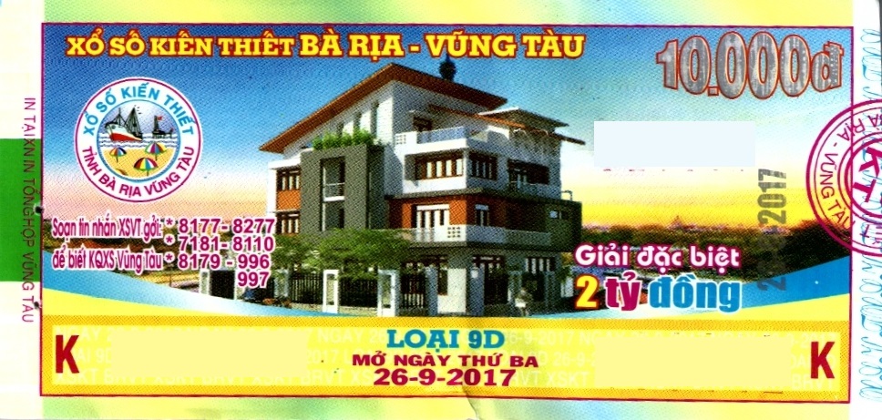 Thông tin trúng thưởng Kỳ vé 9D mở thưởng ngày 26/09/2017 - Công ty XSKT tỉnh Bà Rịa - Vũng Tàu