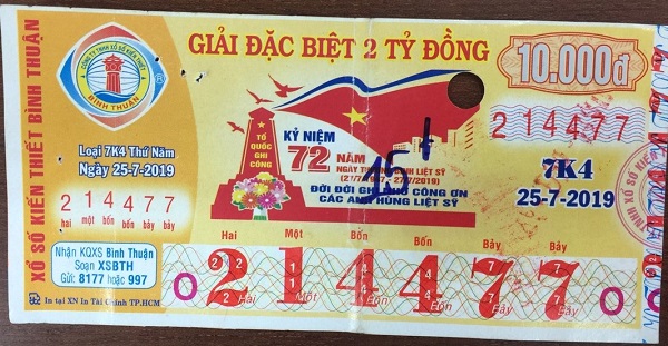 Công ty TNHH MTV Xổ số Kiến thiết Bình Thuận: Thông báo trả thưởng kỳ vé 7K4