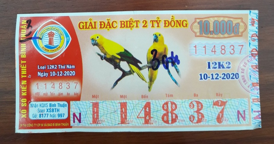 Công ty Xổ số Kiến thiết tỉnh Bình Thuận: Công bố thông tin trả thưởng kỳ vé 12K2