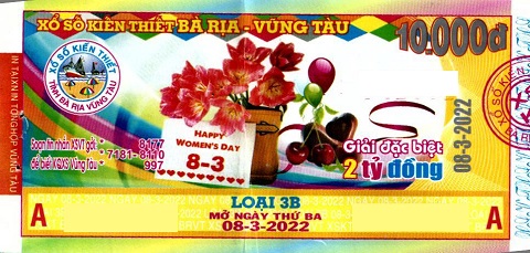 Công ty Xổ số Kiến thiết tỉnh Bà Rịa - Vũng Tàu: Công bố thông tin trả thưởng kỳ vé 3B-2022