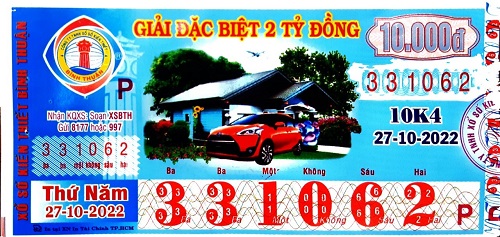 Công ty TNHH MTV Xổ số Kiến thiết Bình Thuận: Công bố thông tin trả thưởng kỳ vé 10K4 ngày 27/10/2022