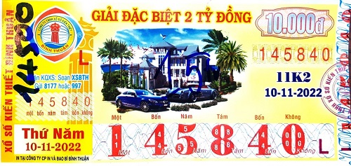 Công ty TNHH MTV Xổ số Kiến thiết  Bình Thuận: Công bố thông tin trả thưởng kỳ vé 11K2  ngày  10/11/2022